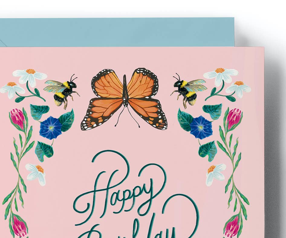 Brenna Daugherty Illustration - Pink Floral Birthday Card with Monarch Butterflies & Bees