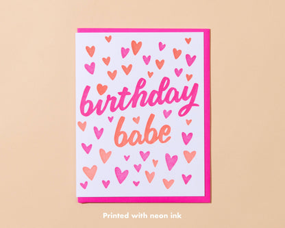 And Here We Are - Birthday Babe Letterpress Greeting Card - Barbie, Hearts - Made in USA - Summer