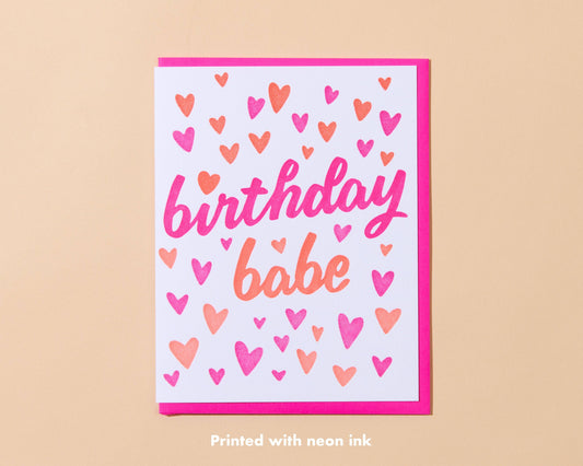 And Here We Are - Birthday Babe Letterpress Greeting Card - Barbie, Hearts - Made in USA - Summer