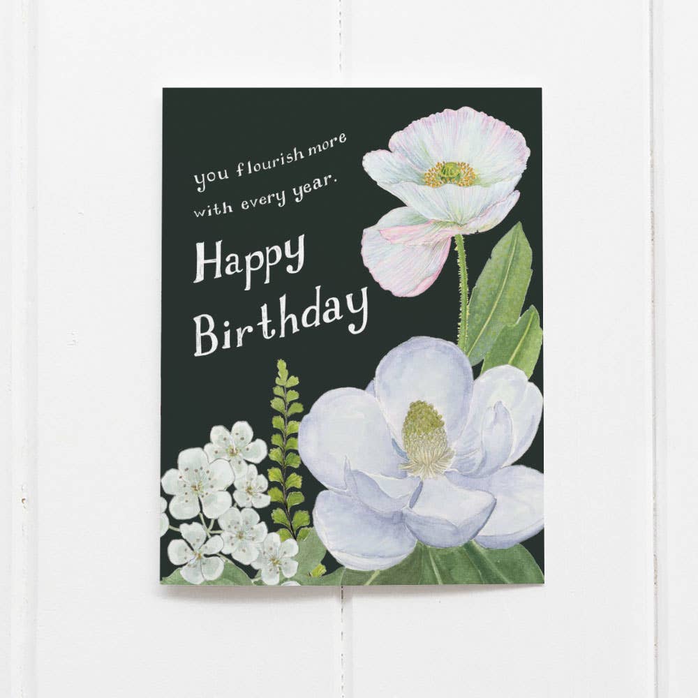 Yardia - Floral Birthday Card - White and Green Magnolia and Poppy