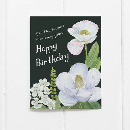 Yardia - Floral Birthday Card - White and Green Magnolia and Poppy
