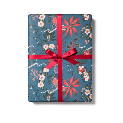 Red Cap Cards - Blue Poinsettia holiday wrapping paper: Rolls of 3 sheets