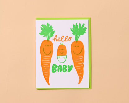 And Here We Are - Letterpress New Baby Card—Hello Baby Carrot (Veggie, Cute)