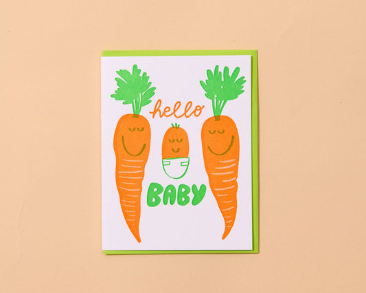 And Here We Are - Letterpress New Baby Card—Hello Baby Carrot (Veggie, Cute)
