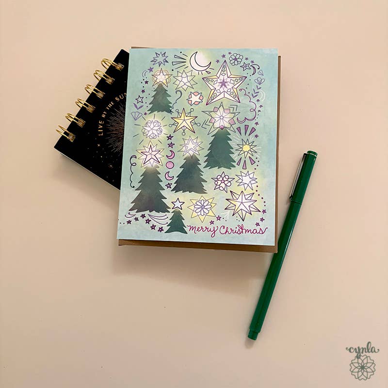 Cynla - BOX of 8 Starry Trees Christmas Card glowing light star warm