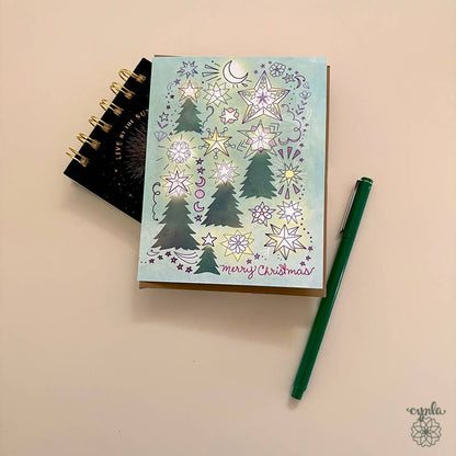 Cynla - BOX of 8 Starry Trees Christmas Card glowing light star warm
