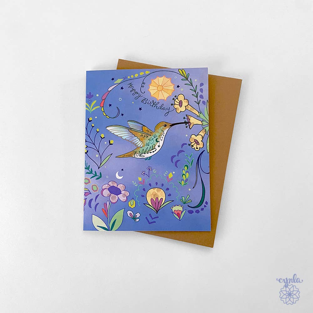 Cynla - Hummingbird Blue Birthday Card - Bird flower garden greeting