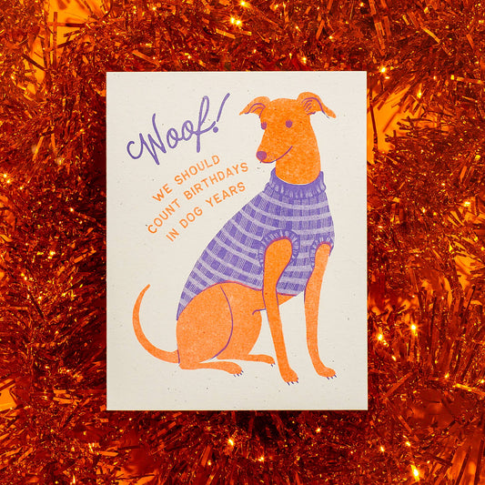 Bromstad Printing Co. - Woof! Dog Years Birthday - Risograph Card