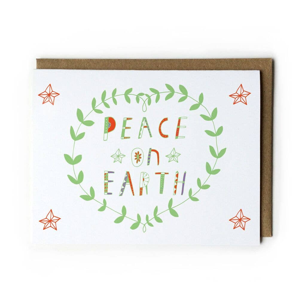 Honeyberry Studios - Peace on Earth Holiday Greeting Card: Green and Orange