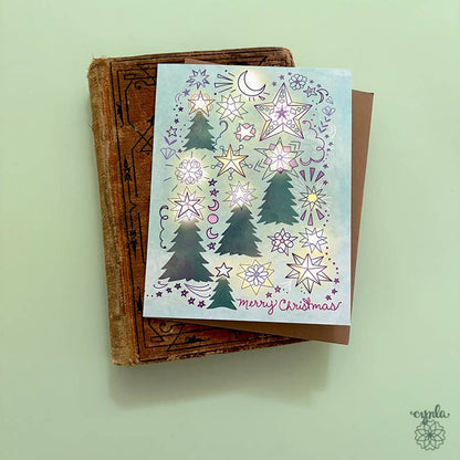 Cynla - BOX of 8 Starry Trees Christmas Card glowing light star warm