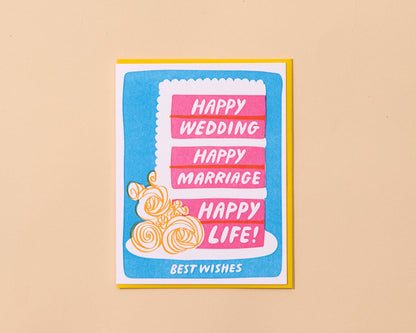 And Here We Are - Letterpress Wedding Card—Happy Marriage/Life (Cake, Cute)