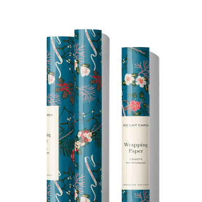 Red Cap Cards - Blue Poinsettia holiday wrapping paper: Rolls of 3 sheets
