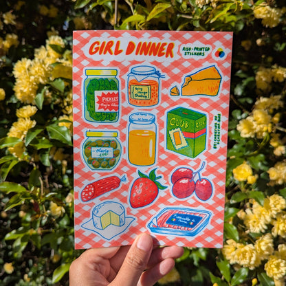Christina Hu - Girl Dinner Risograph Sticker Sheet | 5"x7" Waterproof Vinyl