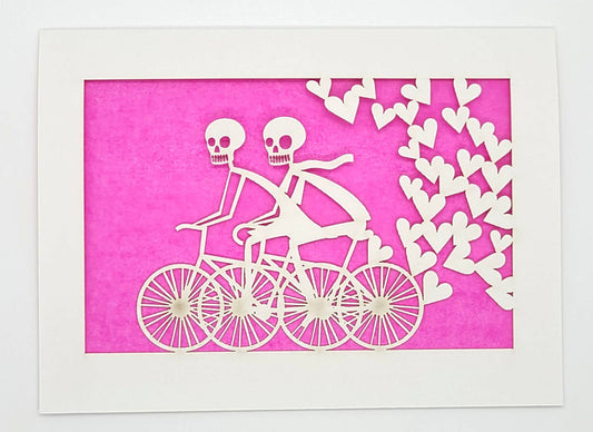 two hermanas - 2 Calaveras on a Summer Bike Ride - laser cut greeting card: Fuchsia, A2 - 4.25 x 5.5