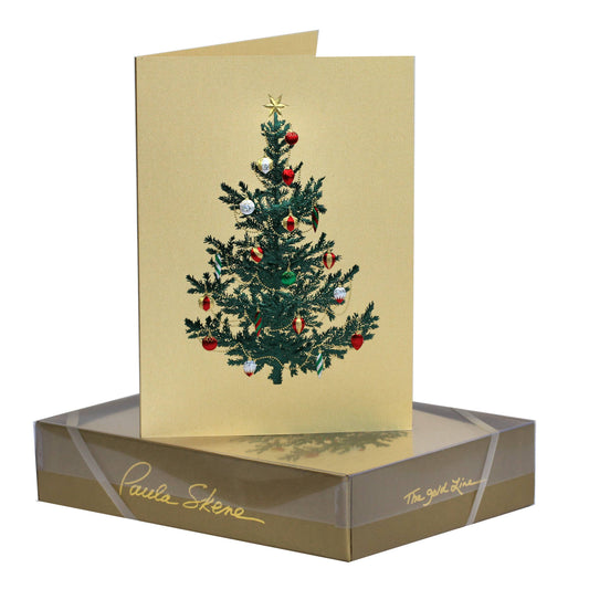 PAULA SKENE DESIGNS - Tree With Ornaments on Gold Christmas Card