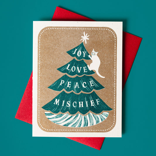 Bromstad Printing Co. - Joy Love Peace Mischief Cat - Risograph Christmas Card