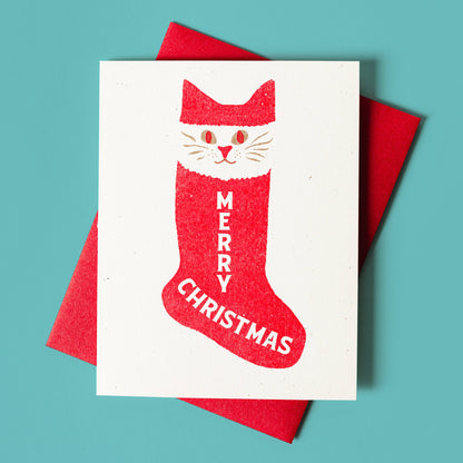 Bromstad Printing Co. - Merry Christmas Stocking Cat - Risograph Card