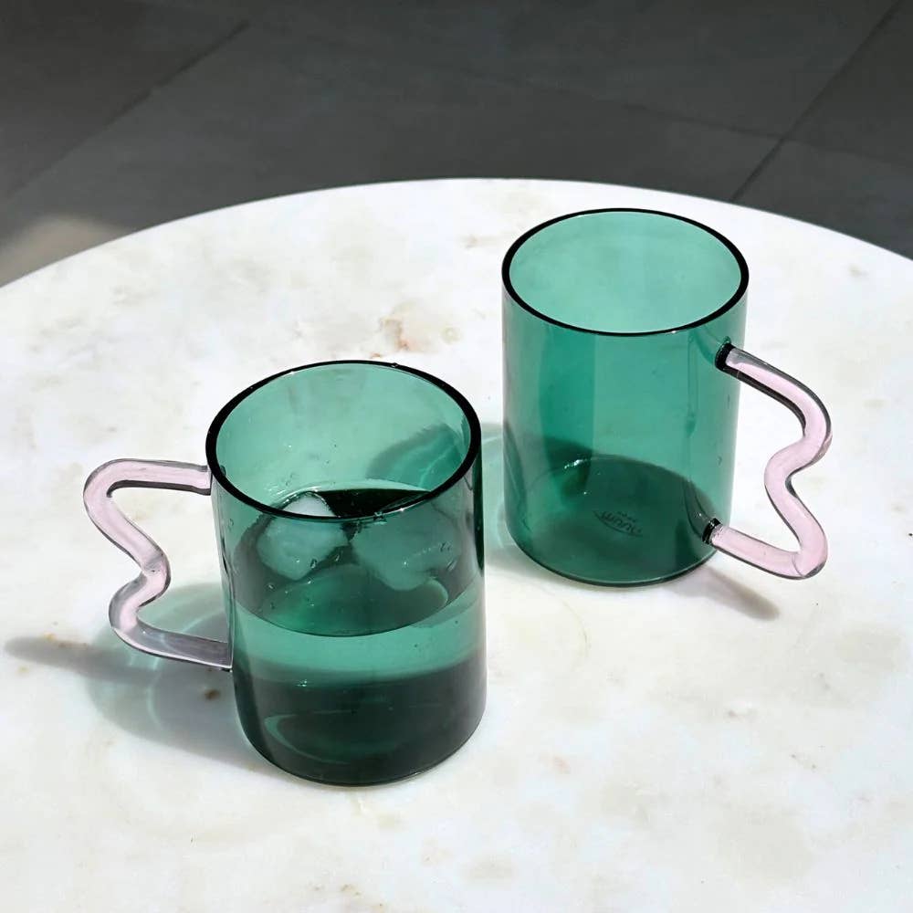 Casa Amarosa - Swirl Glass Cups-Teal cup pink handle, 2.75x3.75 Inches