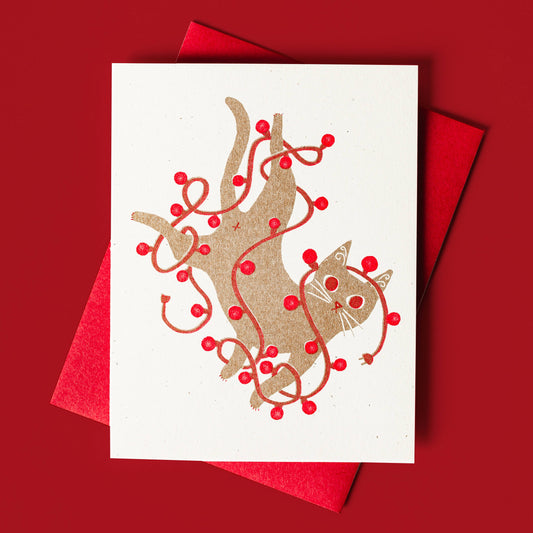 Bromstad Printing Co. - Tangled String Lights Cat - Risograph Card