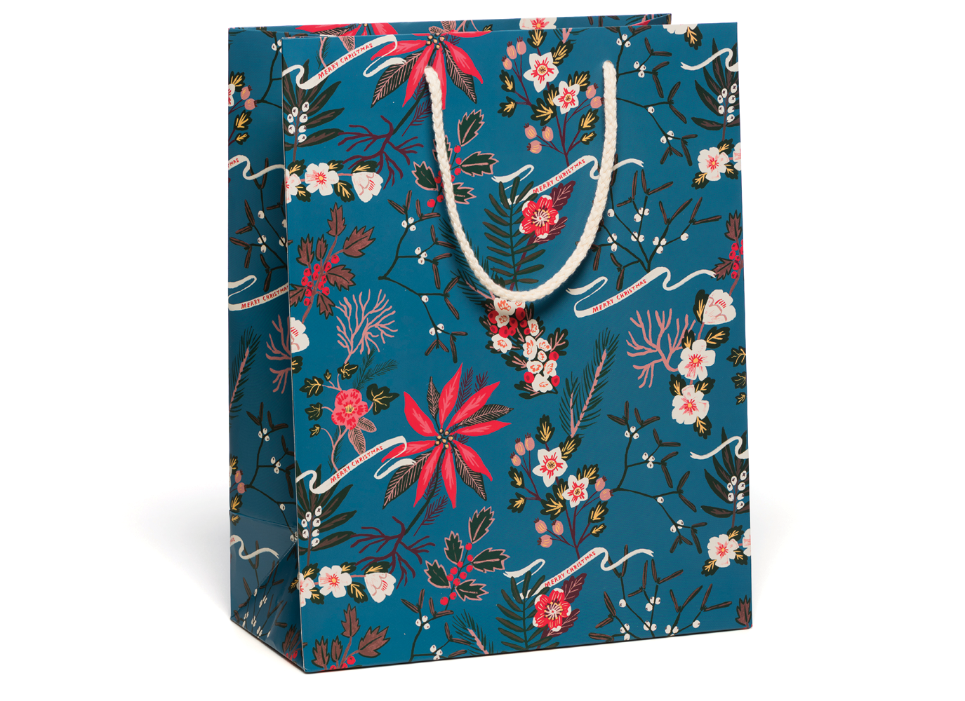 Red Cap Cards - Blue Poinsettia Holiday Christmas gift bag